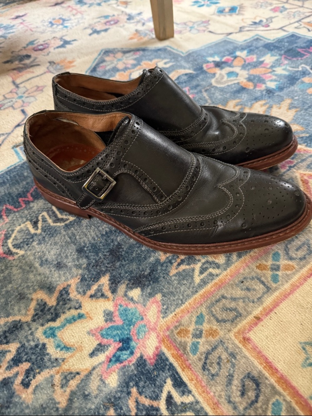 Black Leather Wingtip Monk Strap Shoes for Men